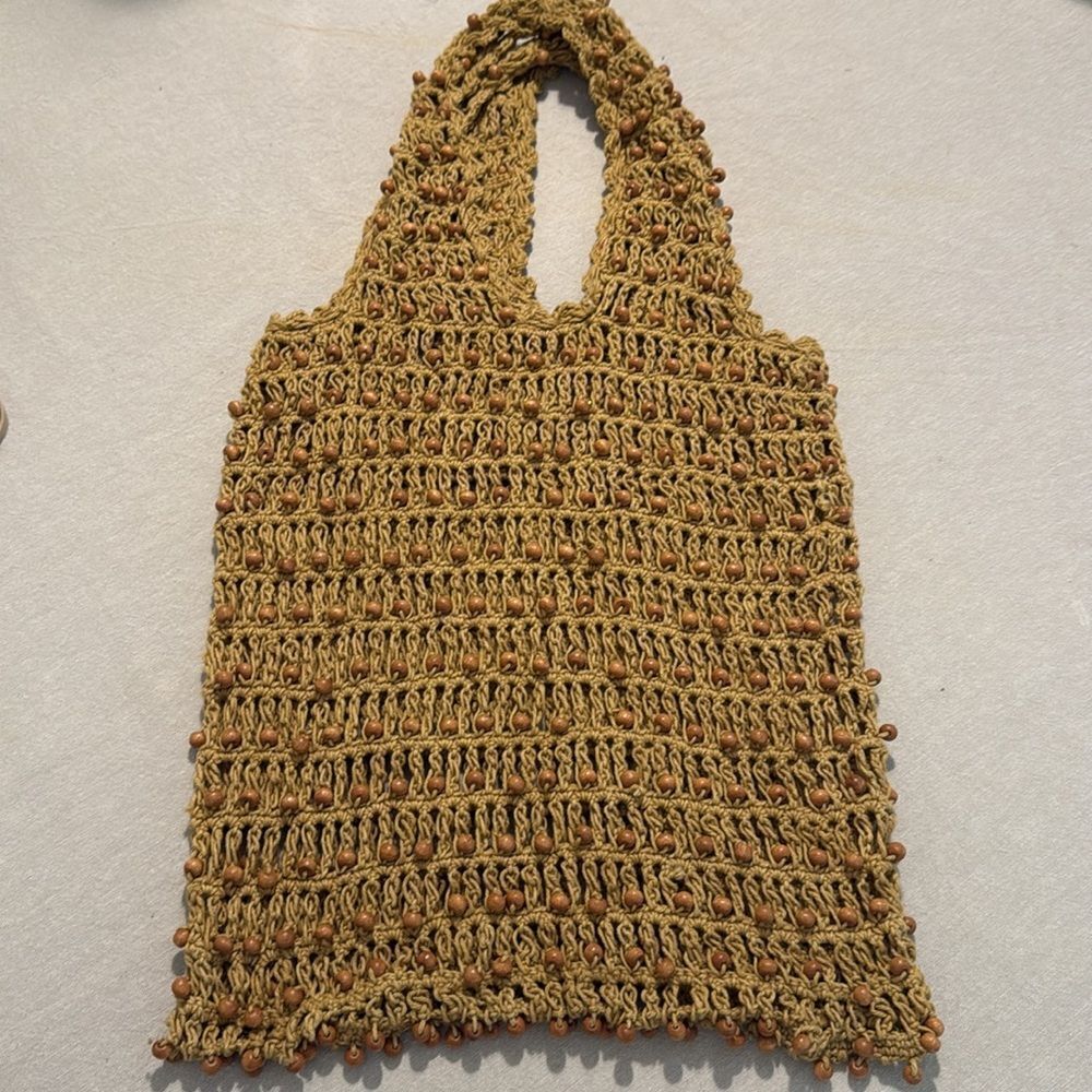 Aava Khaki Brown Beaded Open Knit Crochet Double Handle Market Beach Boho Tote - Picture 4 of 12